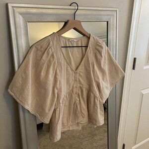 Mi Ami Women's Cream V Neck Peasant Boho Short Sleeve Top Blouse Size XS